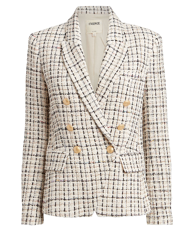 L Agence Kenzie Double Breasted Tweed Blazer In White | ModeSens