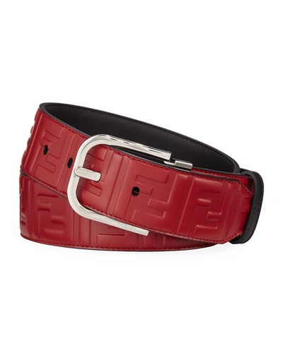 Fendi Men's Logo-embossed Leather Belt In Red