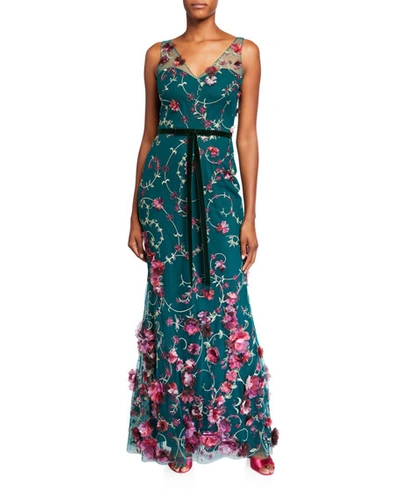 Marchesa Notte V-neck Sleeveless Embroidered Gown W/ 3d Flowers & Velvet Trim In Emerald