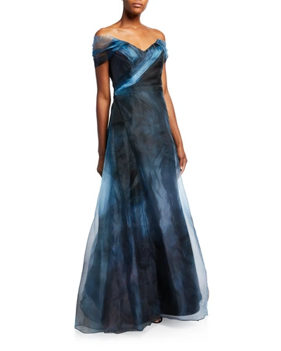 Rene Ruiz Off-the-shoulder Ombre A-line Gown In Blue
