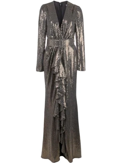 Badgley Mischka Sequin Long-sleeve Belted Gown With Cascading Ruffle In Gold
