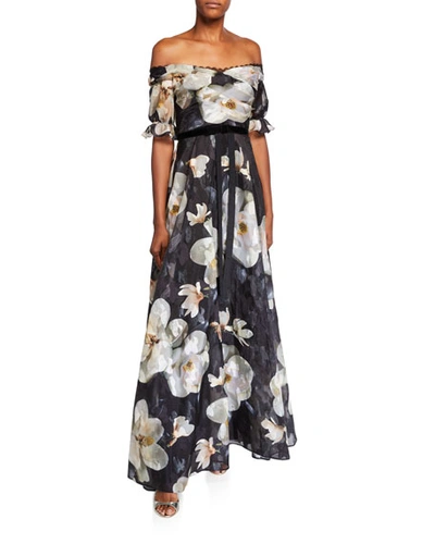 Marchesa Notte Floral Off-the-shoulder Fil Coupe A-line Gown In Black