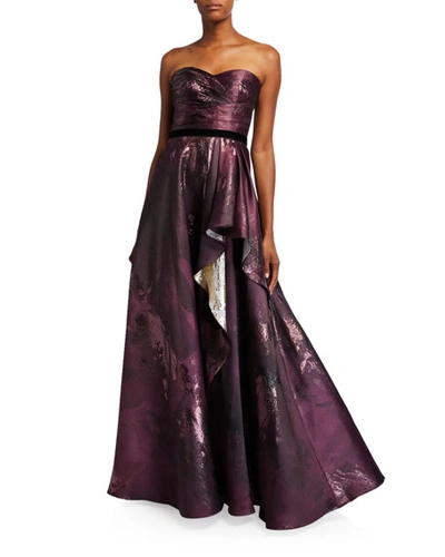 Marchesa Notte Strapless Draped Metallic Jacquard Gown W/ Velvet Ribbon Trim In Plum