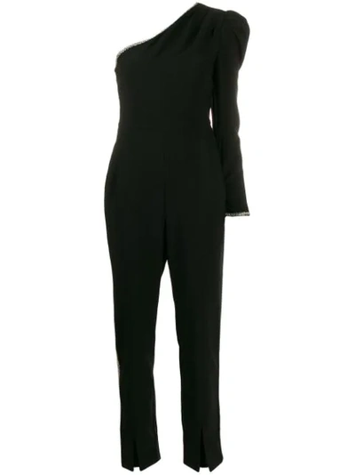 Self-portrait Embellished One Shoulder Crepe Jumpsuit In Black