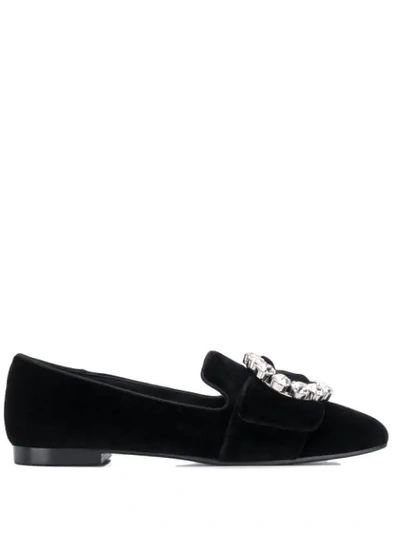 Dolce & Gabbana Velvet Slippers With Bejeweled Buckle In Black