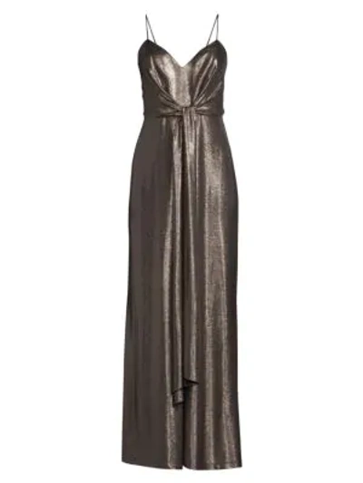 Aidan Mattox Metallic Foiled Cami Top Tie-front Sleeveless Jersey Jumpsuit In Gunmetal Black