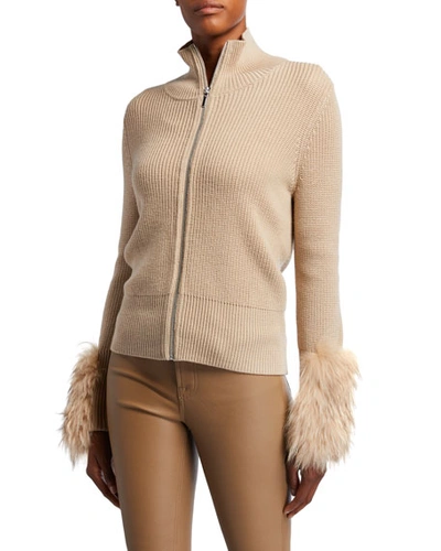Elie Tahari Norah Zip-front Wool Sweater With Fur Cuffs In Almond