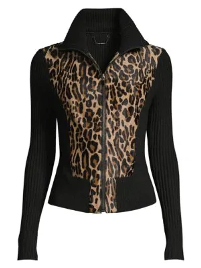 Elie Tahari Evita Calf-hair Zip-front Sweater Jacket In Jaguar/black