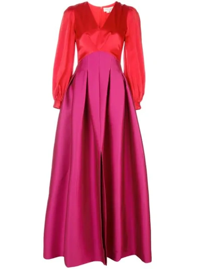 Sachin & Babi Juliette Colorblock V-neck Long-sleeve Gown W/ Twill Skirt In Cherry & Magenta