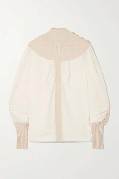 Chloé Ribbed Wool-blend And Silk-chiffon Turtleneck Top In Whisper White