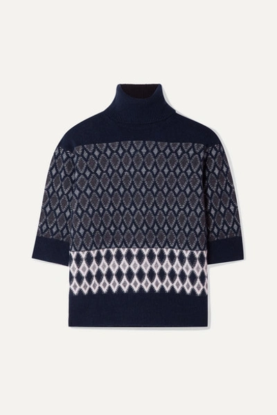 Chloé Intarsia Merino Wool-blend Turtleneck Sweater In Obscur Navy