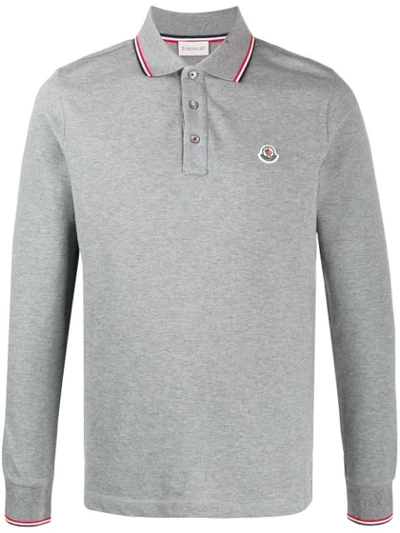 Moncler Tipped Long Sleeve Pique Polo In Grey