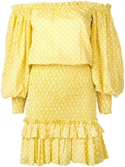 Alexis Marilena Smocked Polka Dot Off-the-shoulder Mini Dress In Yellow Dot