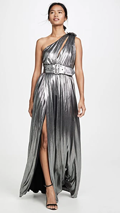 Retroféte Andrea Belted One-shoulder Metallic Maxi Dress In Gunmetal