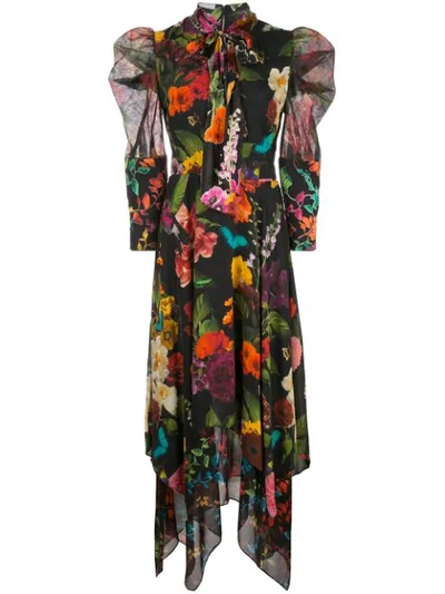 Alice And Olivia Women's Karen Floral Puff Sleeve Handkerchief Midi Dress In Md+garden+floral+leaf