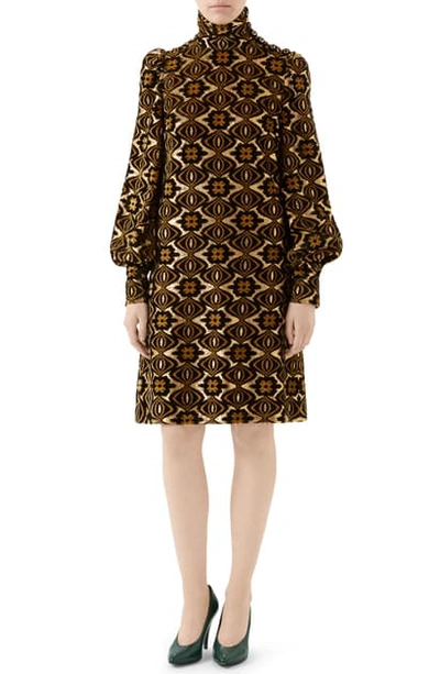 Gucci Metallic Chenille Jacquard Long Sleeve Dress In Black/ Gold