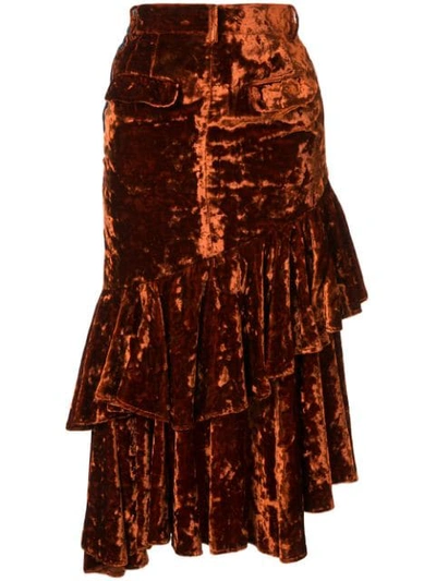 Facetasm Denim And Velvet Midi Skirt In Orange