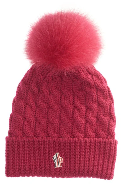 Moncler Genuine Fox Fur Pom Wool Beanie In Magenta