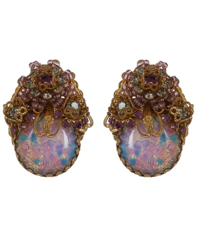 Designer Vintage 1940s Miriam Haskell Gilt Faux Opal Clip-on Earrings In Gold