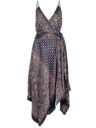 Jonathan Simkhai Scarf-print Sleeveless Long Handkerchief Dress In Navy