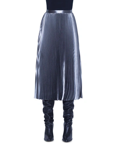 Akris Punto Metallic Crepe Plisse Midi Skirt In Gray