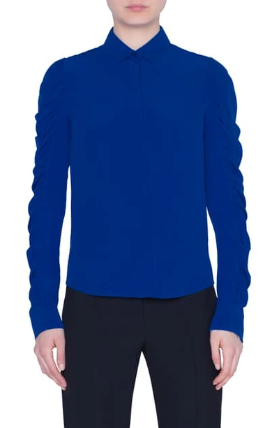 Akris Punto Ruched Sleeve Silk Blouse In Electric Blue