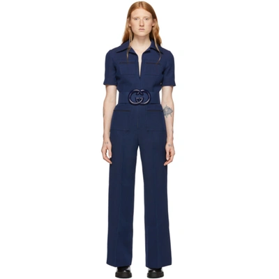 Gucci Belted Wool And Silk-blend Cady Jumpsuit In Navy