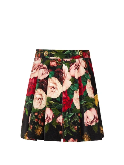 Dolce & Gabbana High-waisted Velvet Shorts With Baroque Rose Print In Multi-colored