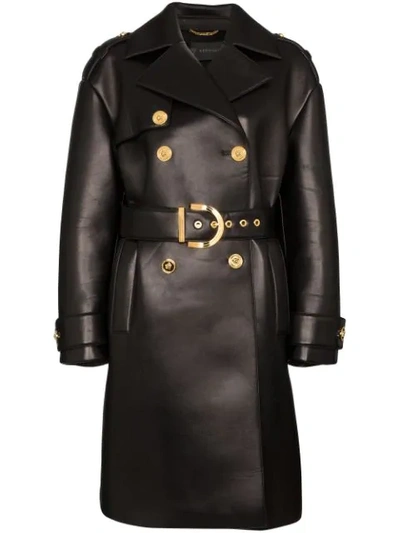 Versace Leather-coated Neoprene Padded Trench Coat In Black