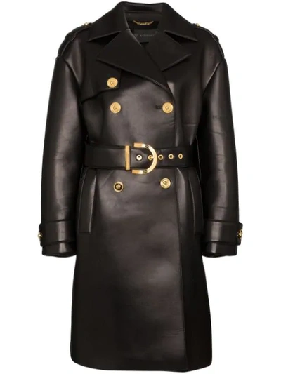Versace Leather-coated Neoprene Padded Trench Coat In Black | ModeSens