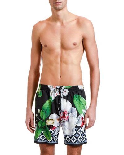 Dolce & Gabbana Men's Orchid Floral-print Shorts In Black/white