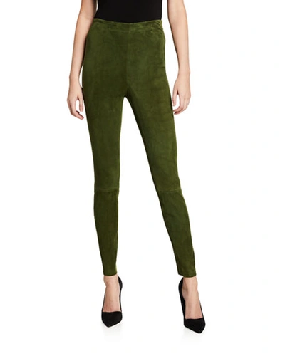 Alice And Olivia Maddox Suede High-waist Side-zip Leggings In Green