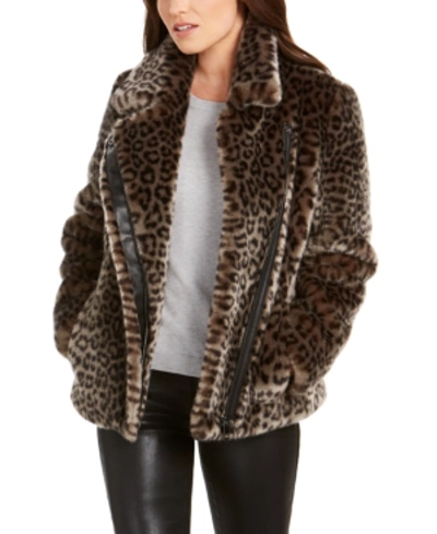 Calvin Klein Leopard-print Faux-fur Moto Coat In Charcoal Leopard