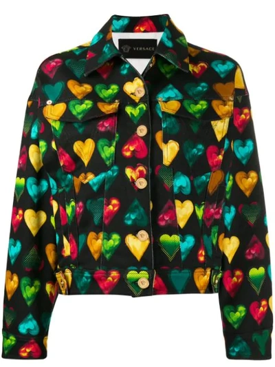 Versace Heart Print Denim Jacket In Black