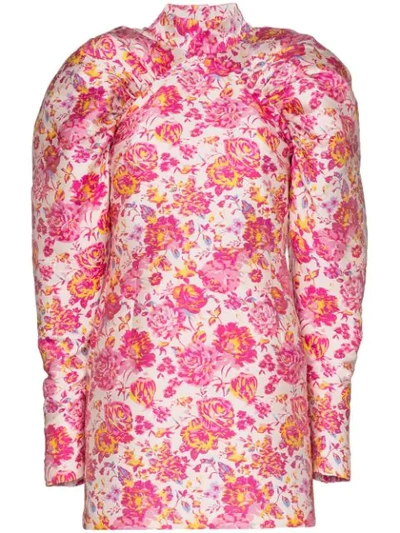 Rotate Birger Christensen Floral Puff Sleeve Mini Dress In Pink