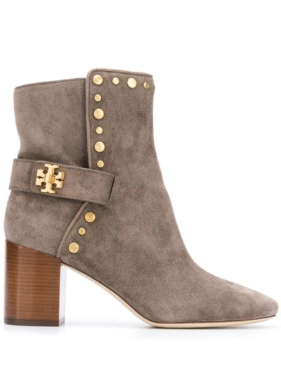 Tory Burch Embellished Suede Ankle Boots In Taupe