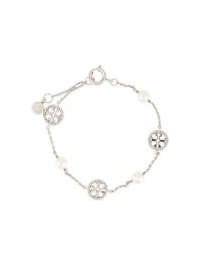 Tory Burch Crystal Pearl Logo Bracelet In Silver
