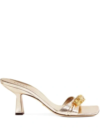 Gucci Dora Crystal Tiger-embellished Leather Mules In Gold