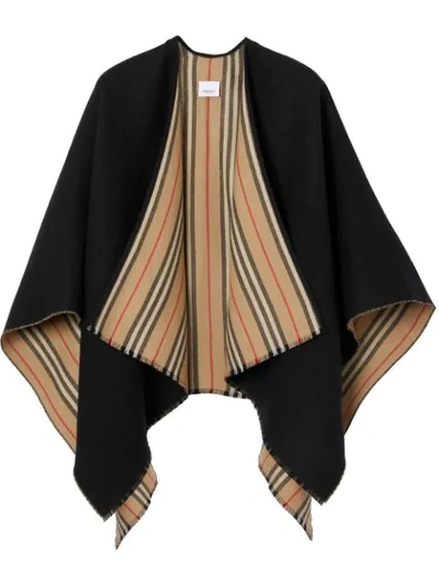 Burberry Icon Stripe To Solid Wool Cape In Black