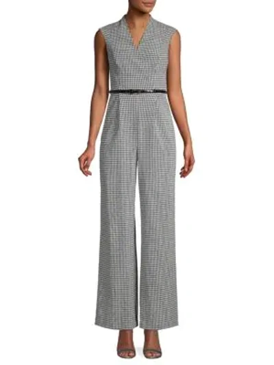 Calvin Klein Collection Sleeveless Gingham-print Belted Jumpsuit In Black Cream