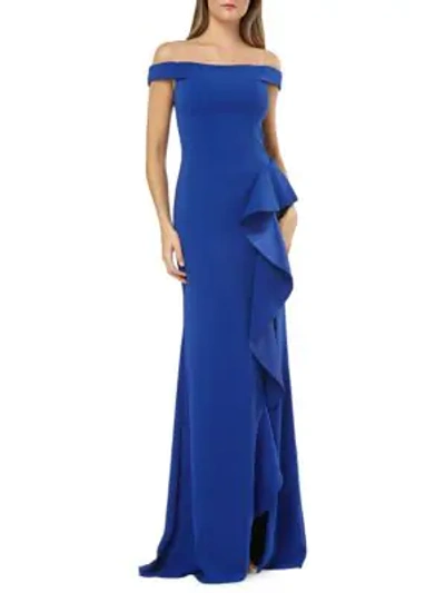 Carmen Marc Valvo Infusion Off-the-shoulder Ruffle Trumpet Gown In Cobalt