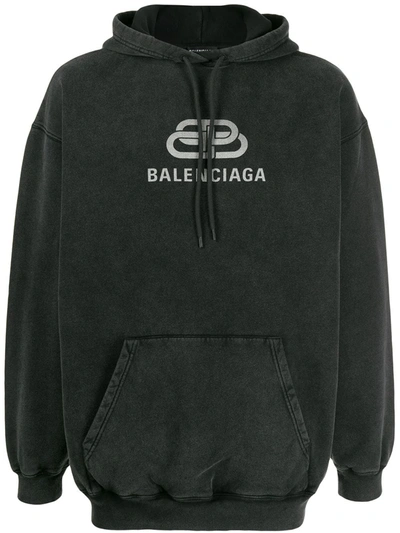 Balenciaga Oversized Logo-print Washed Loopback Cotton-jersey Hoodie In Black