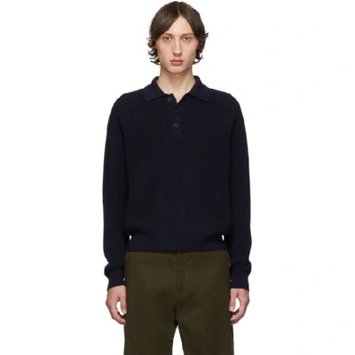 Studio Nicholson Navy Double Faced Wool Polo In Dk Navy