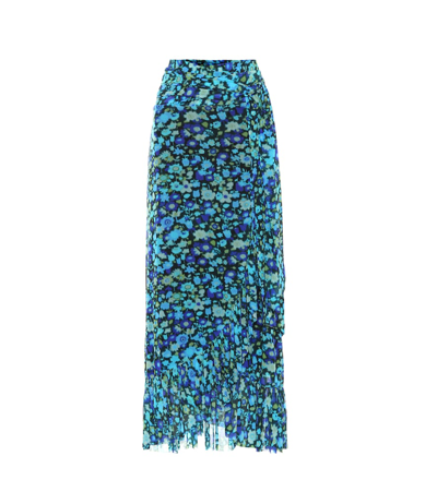 Ganni Ruffled Printed Stretch-mesh Midi Wrap Skirt In Blue,light Blue,green