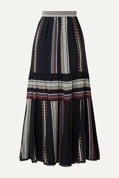 Derek Lam Lace-trimmed Tiered Printed Silk Midi Skirt In Navy