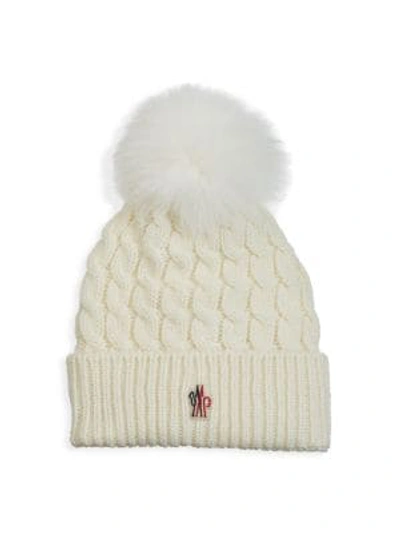 Moncler Knitted Wool Hat With Fox Fur Pom-pom In Panna