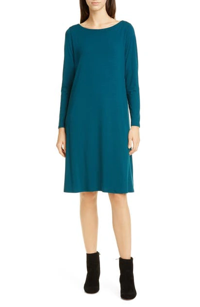 Eileen Fisher Bateau Neck Long Sleeve Tencel Lyocell Dress In Blue Spruce