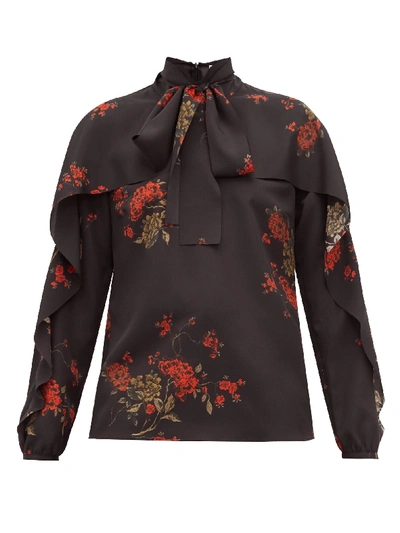 Red Valentino Ruffled Floral-print Pussy-bow Crepe Blouse In Black