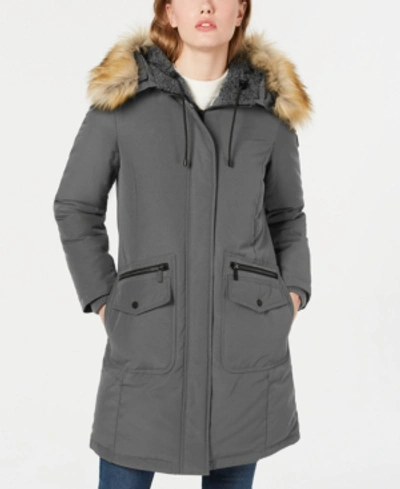 French Connection Hooded Faux-fur-trim Down Parka, Created For Macy's In Light Grey