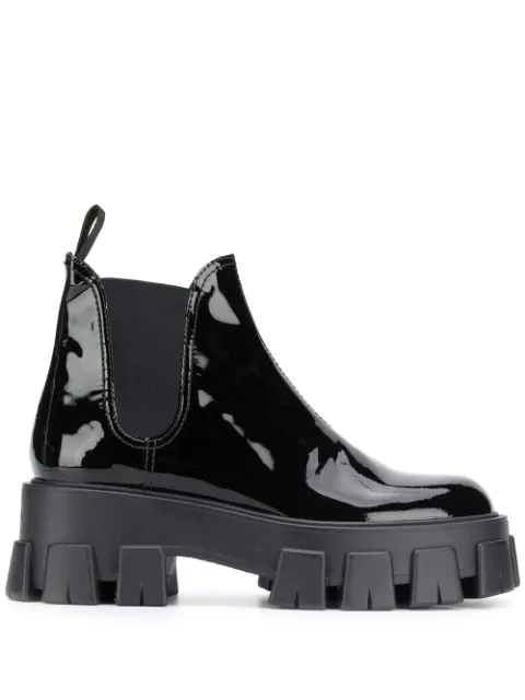 prada monolith patent leather pointed booties